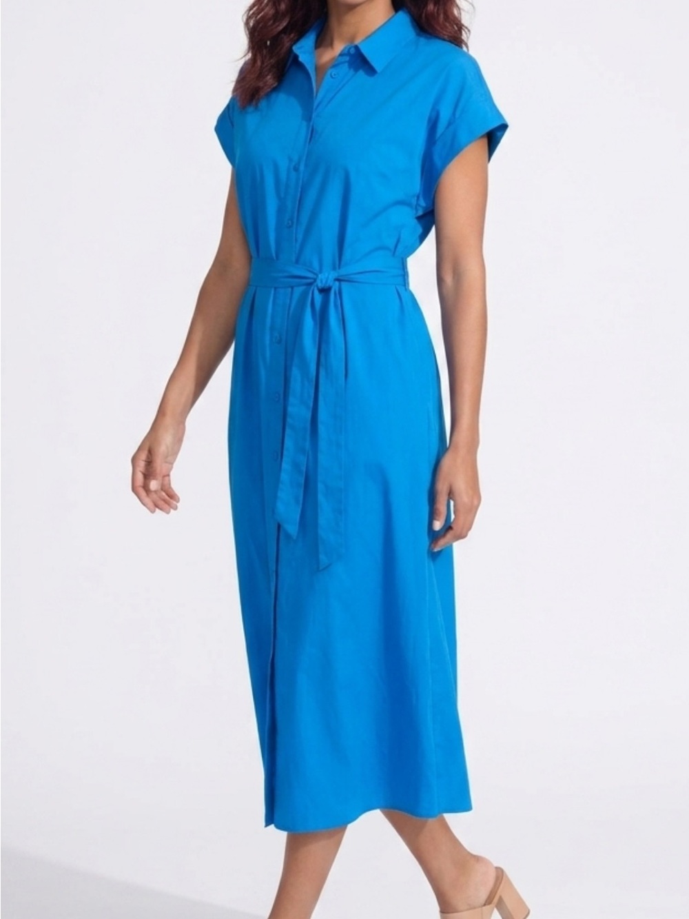 LOFT Electric Blue Shirt Midi Dress with Tie Waist